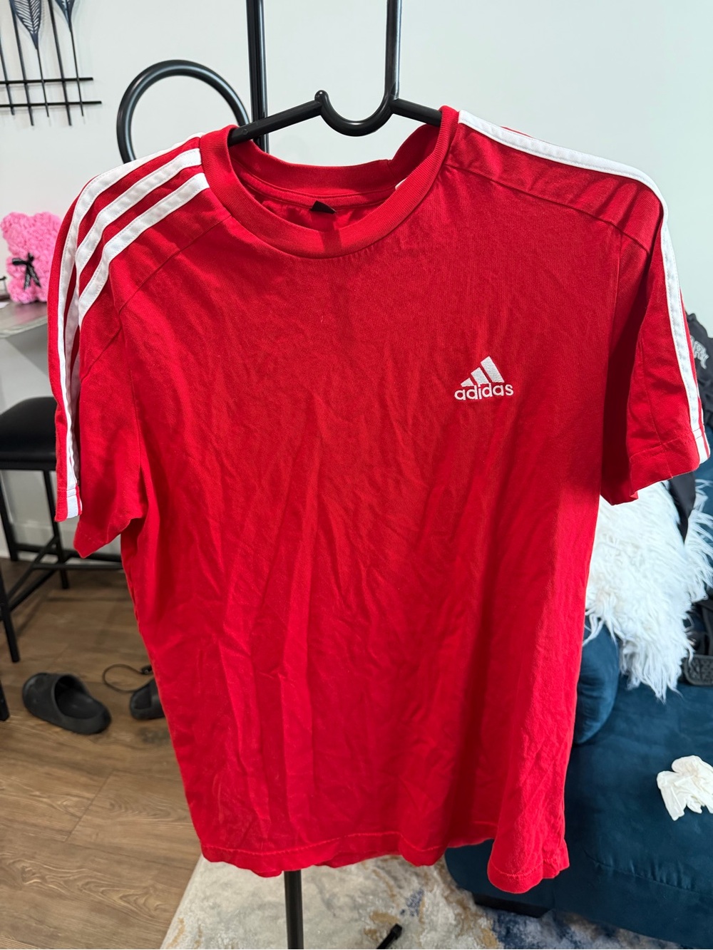adidas Red Short Sleeve Crew Neck Tee with White Shoulder Stripes